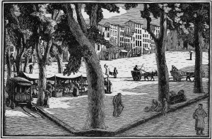 Vence - the Square in Summer (wood engraving, Gwen Raverat, 1924)